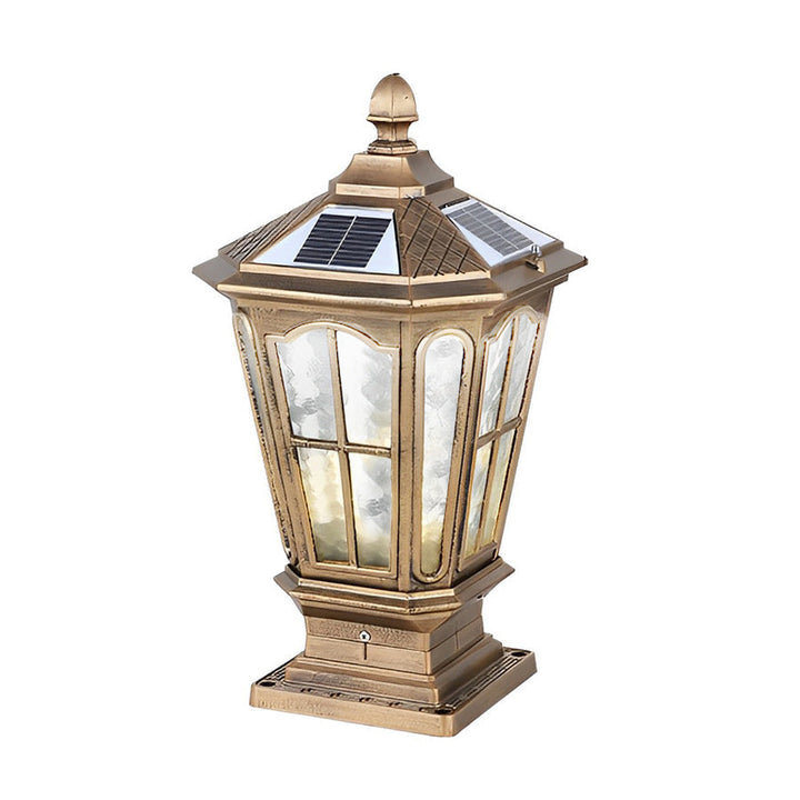 Lampe solaire de jardin en aluminium, étanche, design classique pour éclairage d'allée ou terrasse.