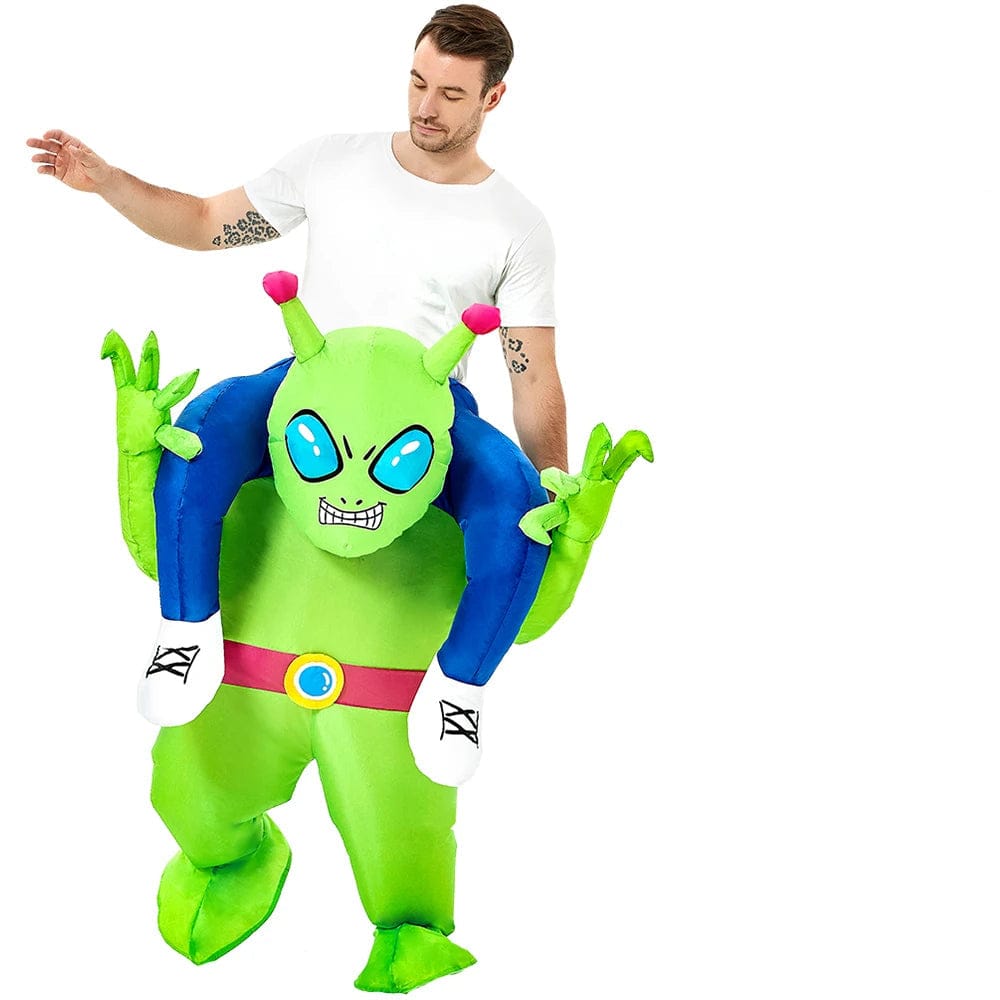 Costume Alien gonflable avec astronaute, facile à porter pour adultes, parfait pour l'humour en soirée.