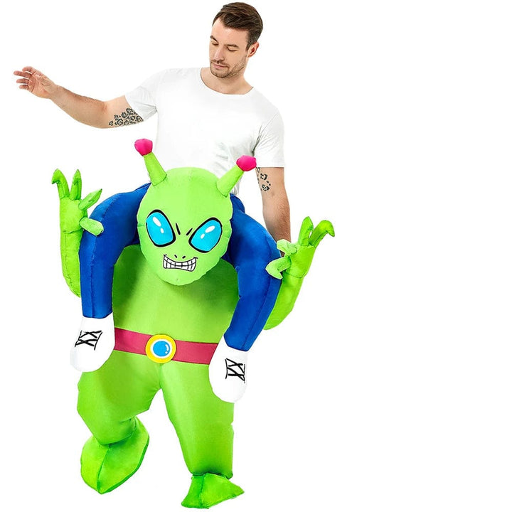 Costume Alien gonflable avec astronaute, facile à porter pour adultes, parfait pour l'humour en soirée.