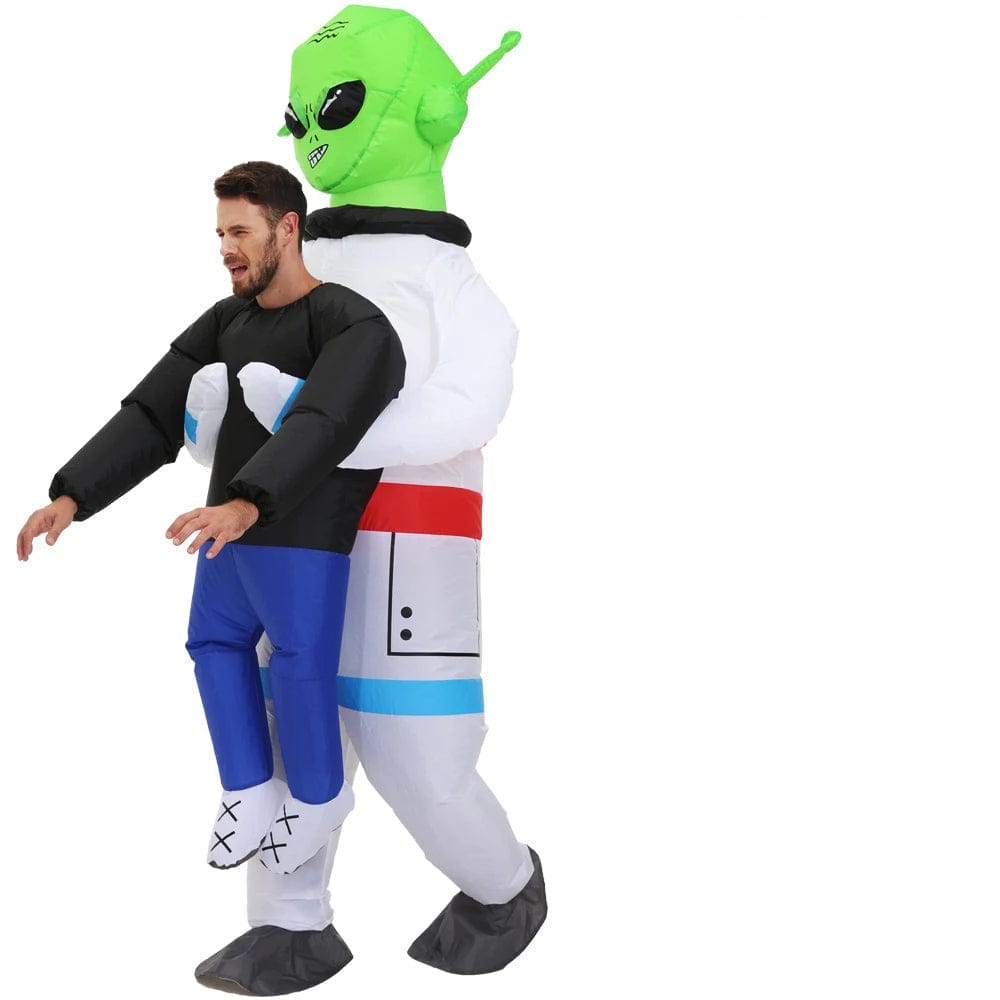 Déguisement gonflable Alien et astronaute pour enfant et adulte, idéal pour fêtes à thème ou cosplay.