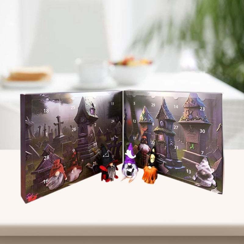 Magie de Noël: Calendrier de l'Avent avec elfes en peluche, parfait pour une famille festive.