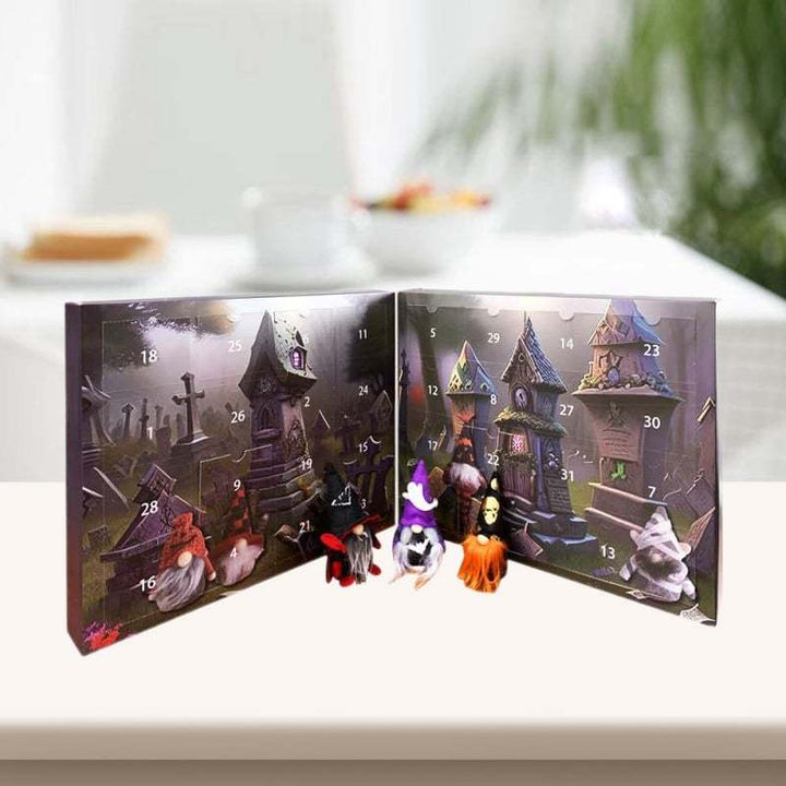 Magie de Noël: Calendrier de l'Avent avec elfes en peluche, parfait pour une famille festive.