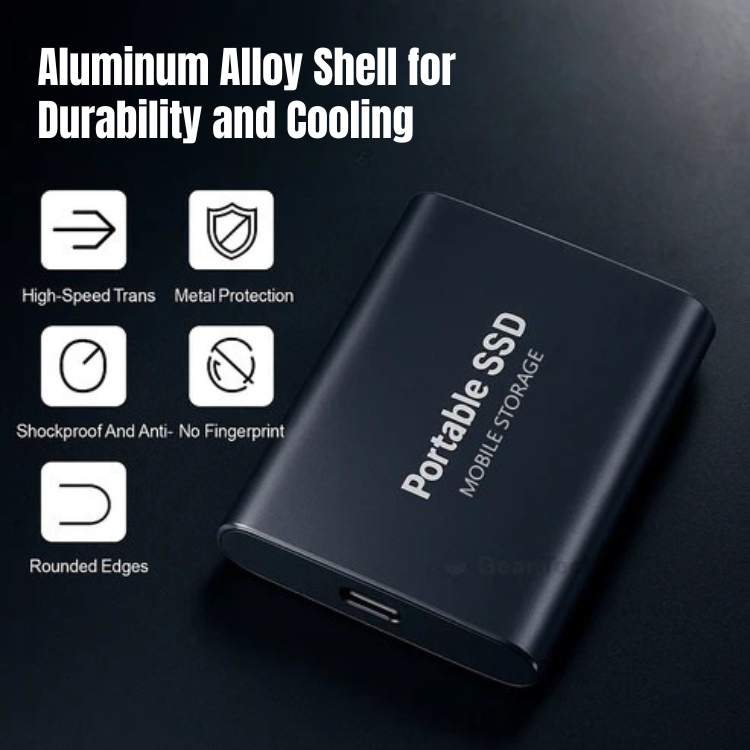 SSD externe noir haute capacité pour sauvegarde rapide de données sur ordinateur, portable et mobile.
