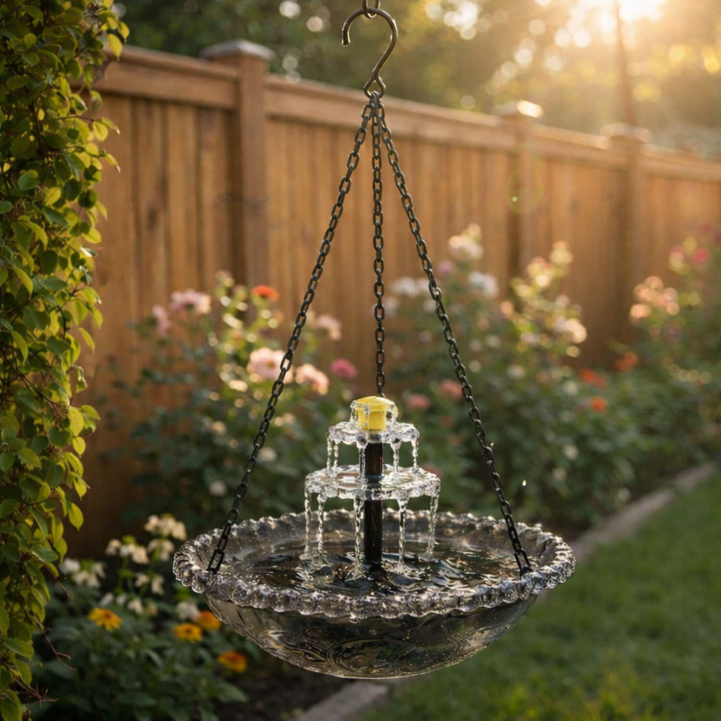Fontaine solaire suspendue en verre pour oiseaux, cascade apaisante, déco zen pour jardin ou terrasse.