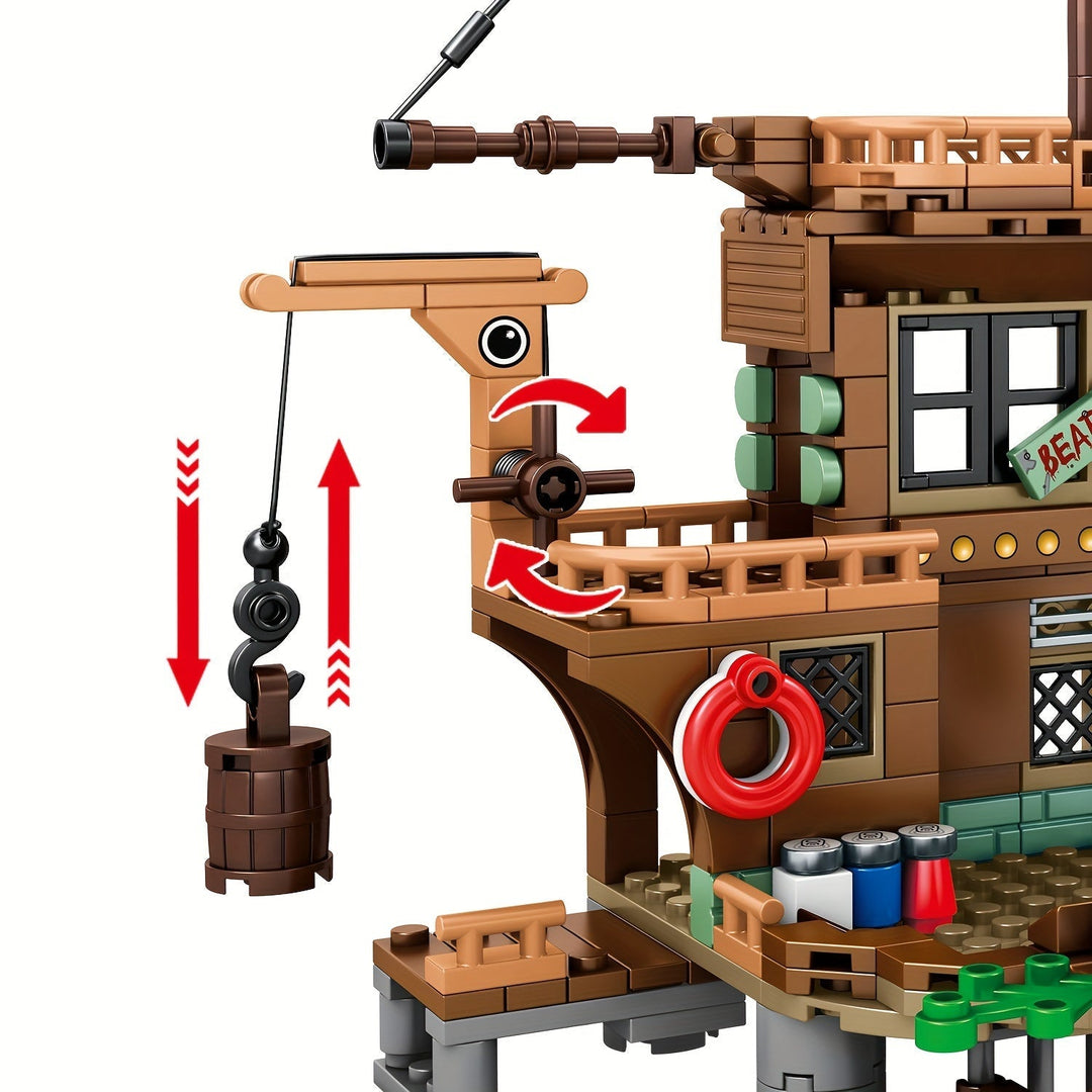 Le jouet navire pirate en kit de briques présenté comme un cadeau idéal pour enfants, stimulant aventure et construction.