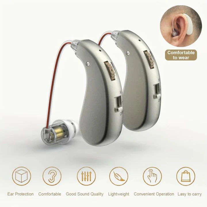 Appareil auditif Bluetooth mains libres. Gère les appels et la musique, offrant un son clair et amplifié.