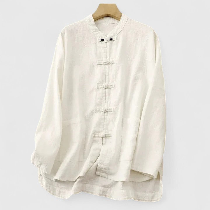 Chemisier femme chic à manches longues, coupe fluide, pour un style élégant et décontracté, parfait été/printemps.
