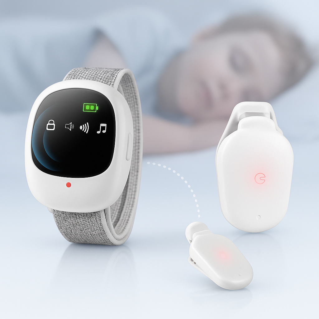 Alarme énurésie discrète enfant, capteur vibrations sans fil. Aide propreté nocturne et sommeil paisible.