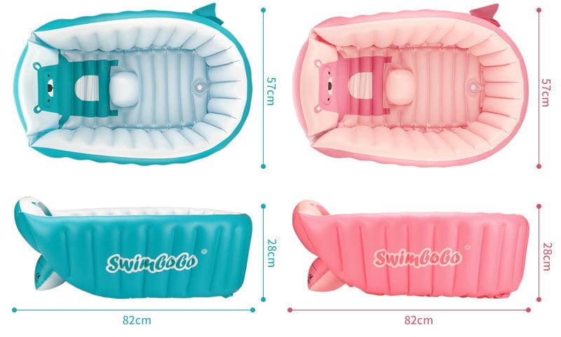 Vue détaillée de la baignoire bébé gonflable avec siège de bain intégré, base anti-glisse pour la sécurité de l'enfant.