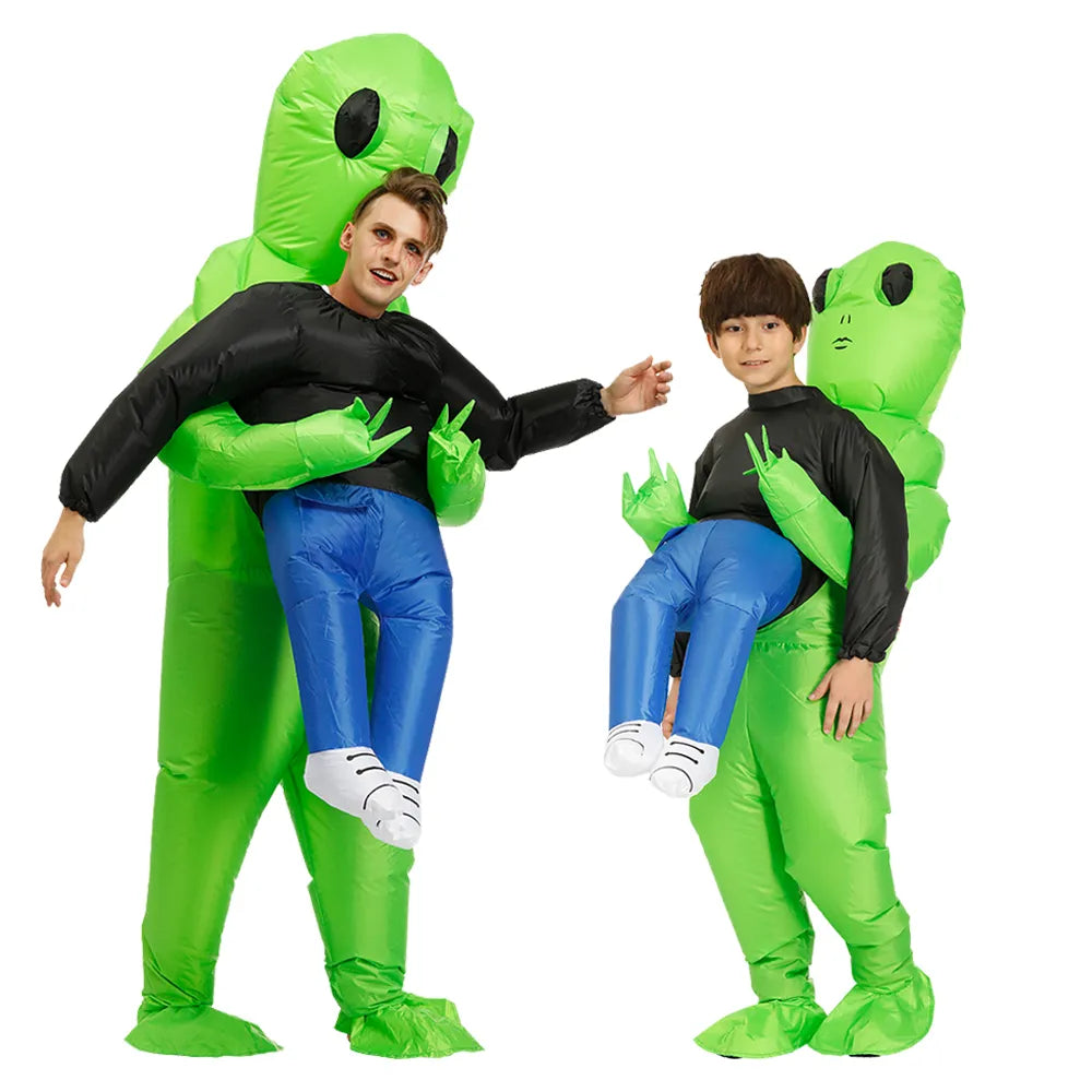 Costume humour gonflable alien vert pour soirée déguisée ou événement thème spatial, unisexe.