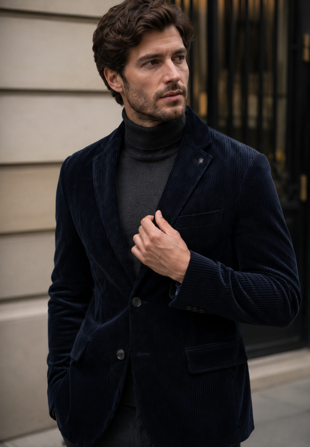 Gros plan sur les boutons du blazer homme, style classique et chic. Veste idéale pour tenue de bureau.