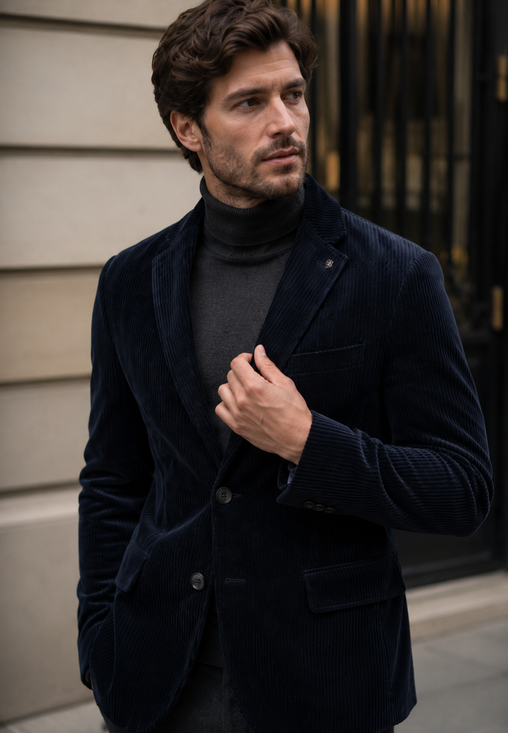 Gros plan sur les boutons du blazer homme, style classique et chic. Veste idéale pour tenue de bureau.