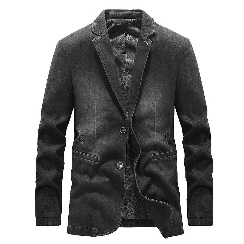 Veste homme délavée, coupe droite décontractée avec deux boutons. Style usé tendance pour la mi-saison.