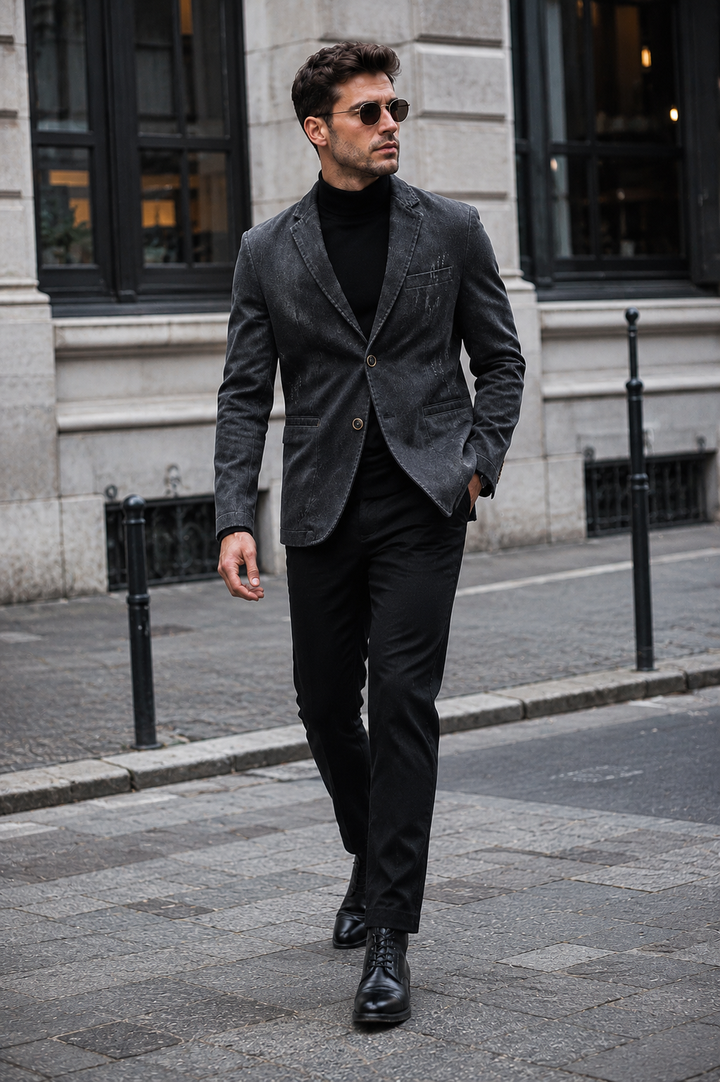 Veste homme délavée style usé, coupe décontractée 2 boutons. Idéale mi-saison pour mode masculine.