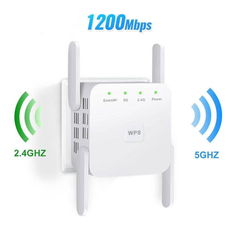 Répéteur Wi-Fi double bande 1200/300 Mbit/s, améliorant la connexion internet sans fil dans toute la maison.