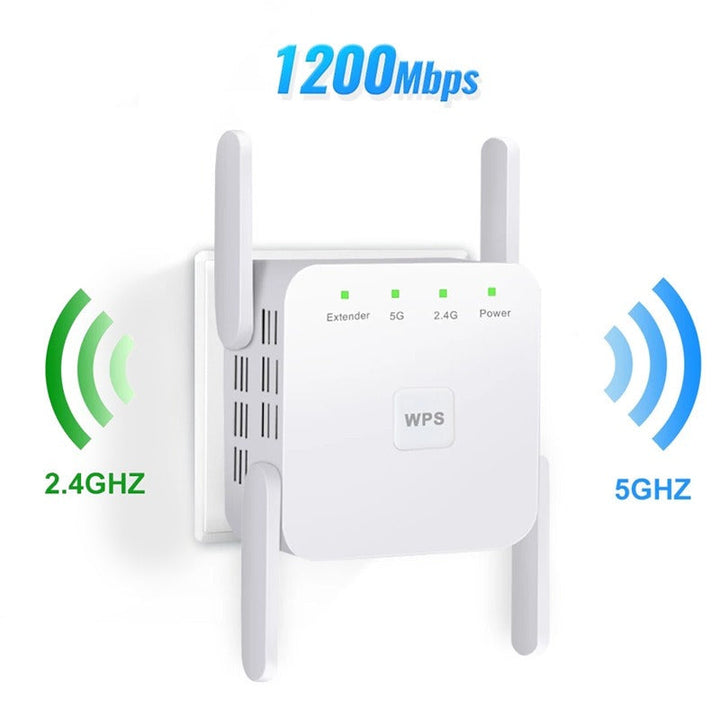 Répéteur Wi-Fi double bande 1200/300 Mbit/s, améliorant la connexion internet sans fil dans toute la maison.