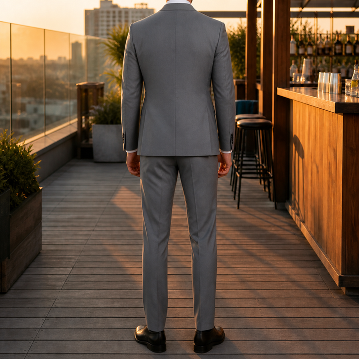 Costume homme pour mariage, style classique et coupe ajustée.