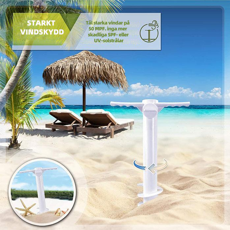 Support parasol de plage avec poignées ergonomiques pour visser facilement, garantissant une stabilité anti-vent.
