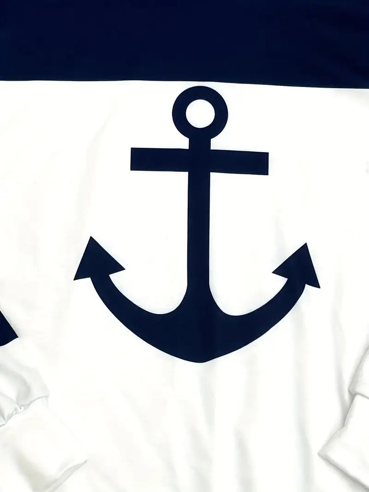 Sweat à capuche unisexe bleu marine avec motif ancre nautique blanche. Parfait pour un look décontracté.