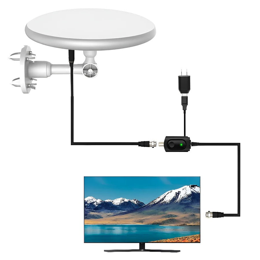Antenne TV numérique extérieure longue portée, captant les signaux HD 4K UHF/VHF, pour une image nette et un son clair.
