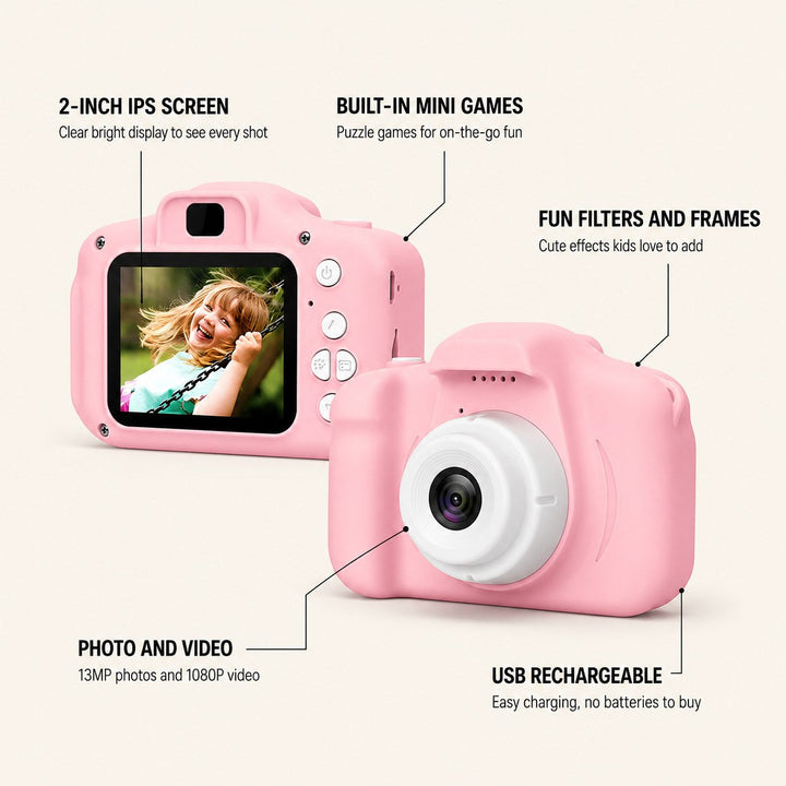 Appareil photo compact vert menthe pour photos, vidéos et selfies de voyage, un gadget réutilisable et fun.