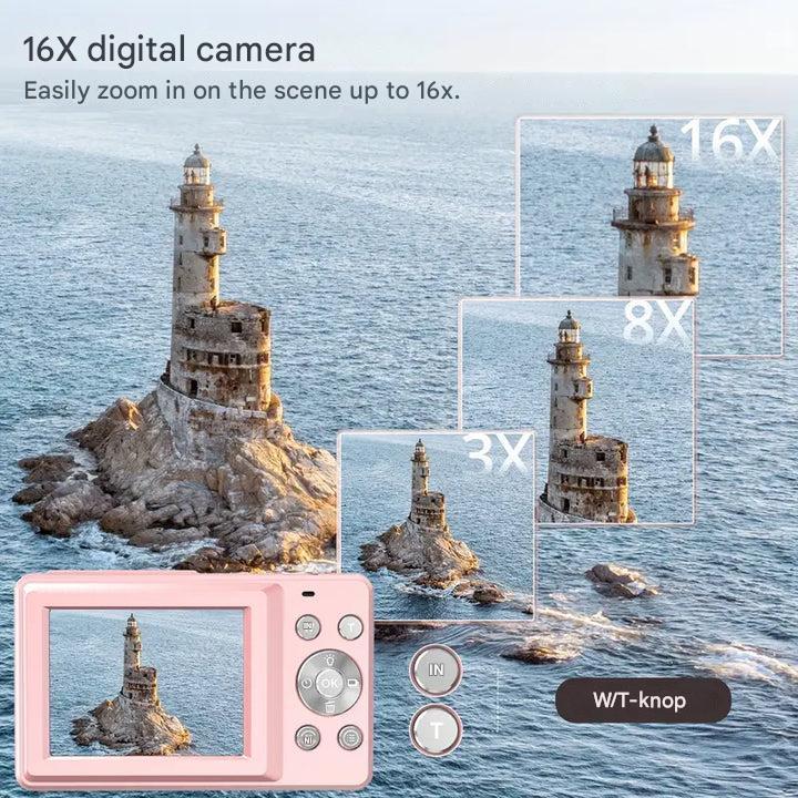 Gros plan sur un appareil photo numérique vintage, idéal pour des photos rétro 1080p et des souvenirs instantanés.