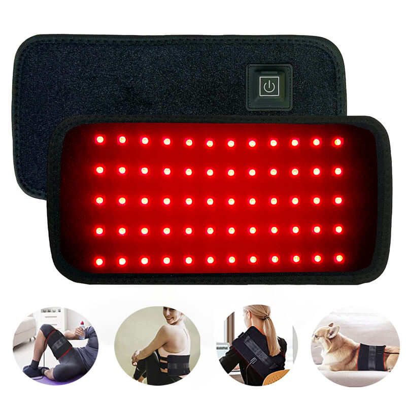 Femme utilisant ceinture de thérapie LED infrarouge sur genou. Soulagement douleurs articulaires, muscles, bien-être.