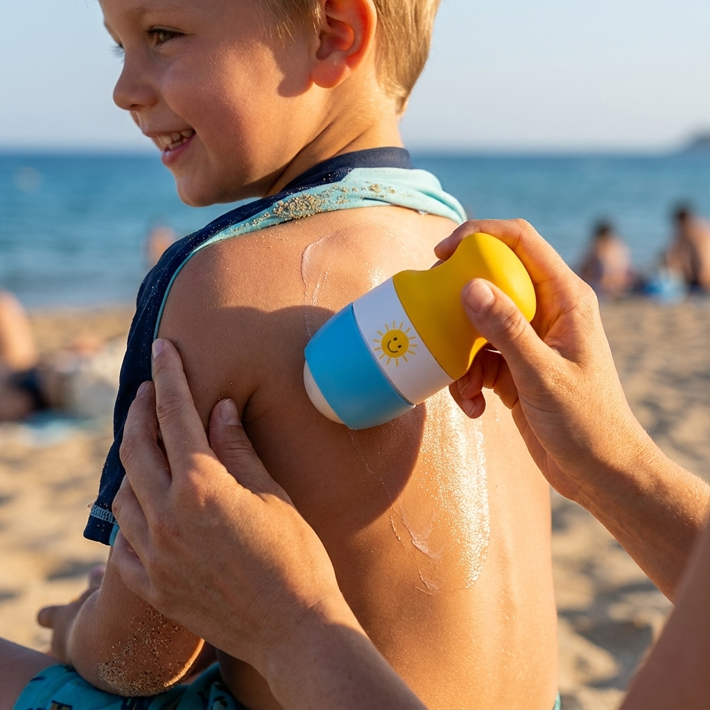 Applicateur crème solaire mains libres pour une protection uniforme et facile sur le dos et le corps. Idéal plage, été.