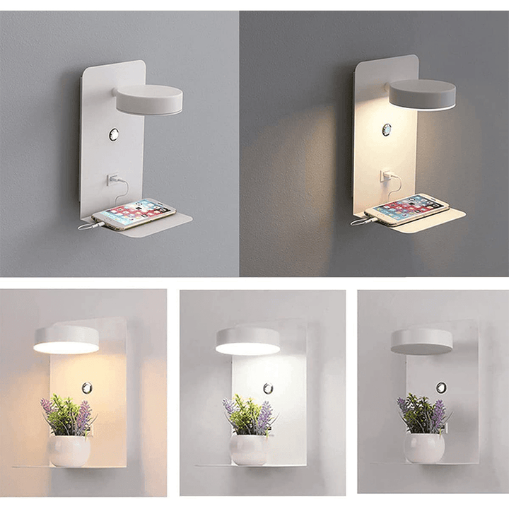 Applique murale LED intégrée, lumière ajustable. Tablette avec chargeur USB-C. Économie d'énergie, design moderne.