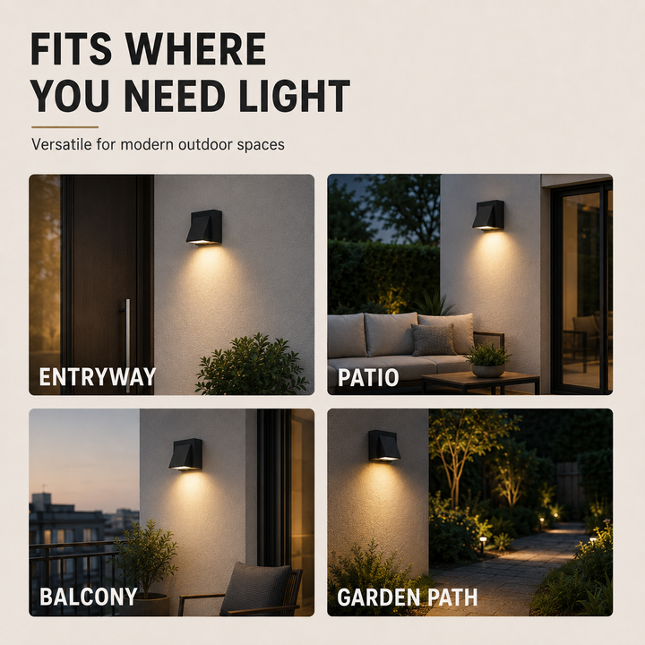 Applique murale LED d'extérieur moderne, étanche IP65. Éclairage efficace pour façade, jardin, balcon.