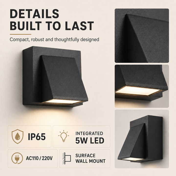 Applique murale LED moderne et étanche IP65, offrant un éclairage extérieur puissant et économe pour jardin et terrasse.