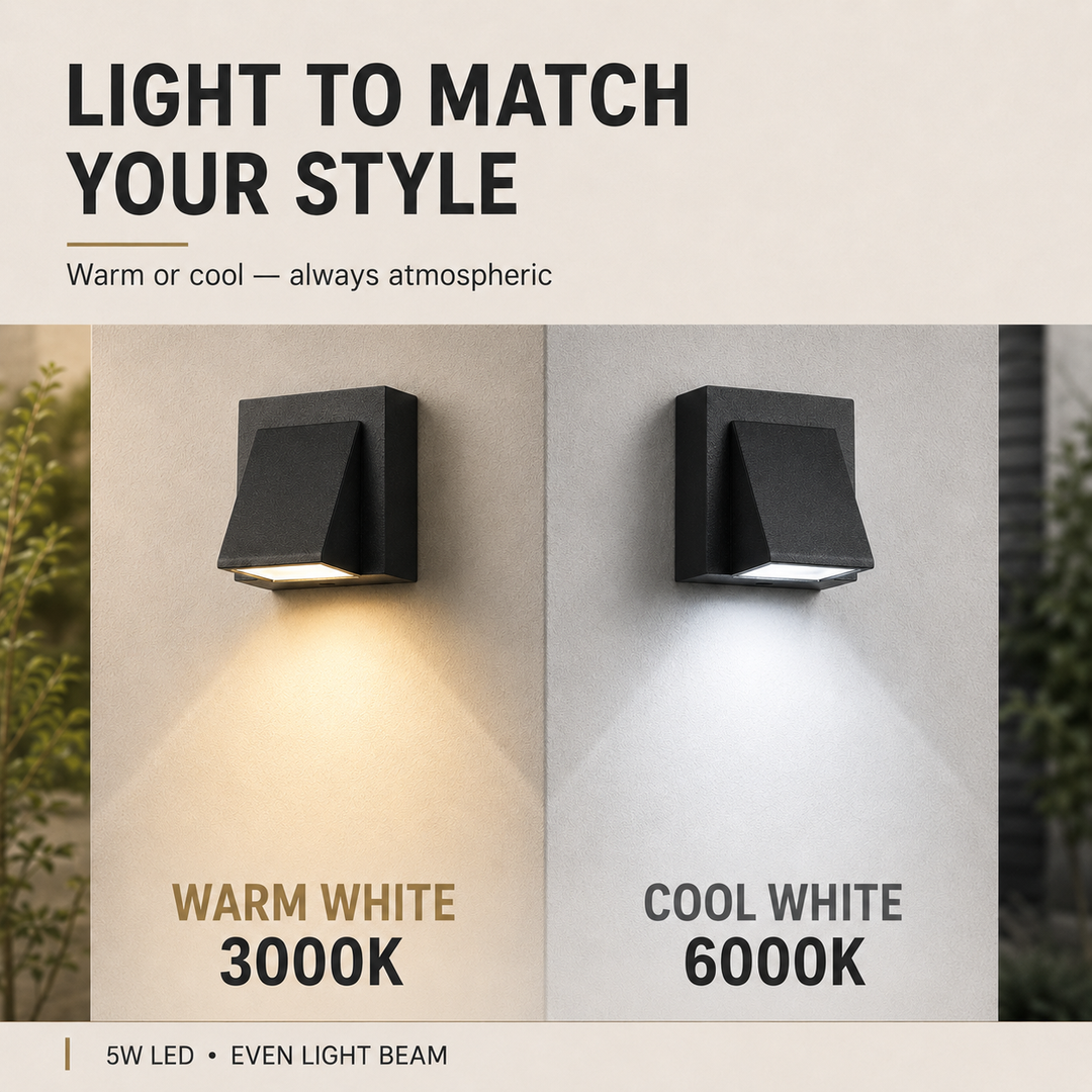 Luminaire LED mural extérieur moderne, résistant à l'eau (IP65). Idéal pour éclairage de façade ou d'entrée de jardin.