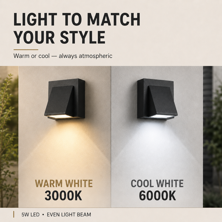 Luminaire LED mural extérieur moderne, résistant à l'eau (IP65). Idéal pour éclairage de façade ou d'entrée de jardin.