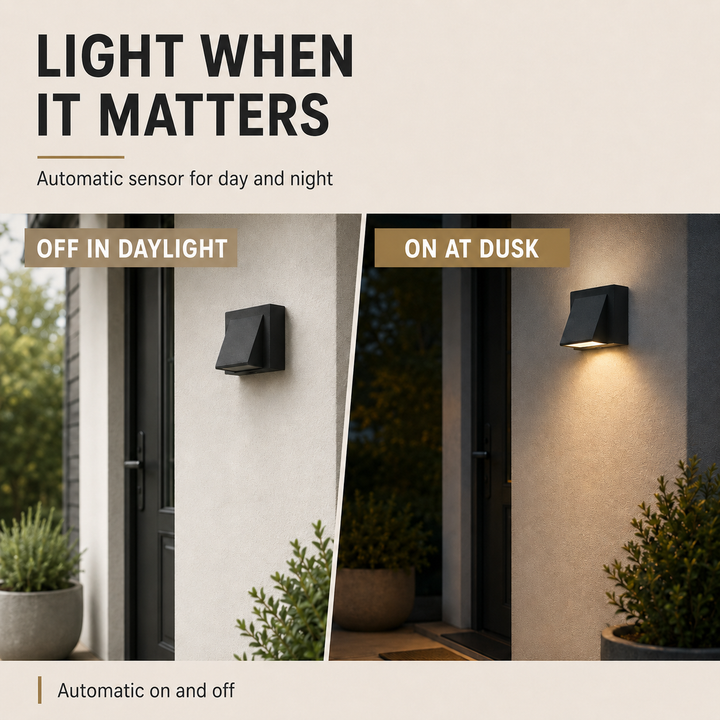 Applique murale LED étanche IP65 au design moderne. Éclairage extérieur parfait pour balcon, jardin et allées.