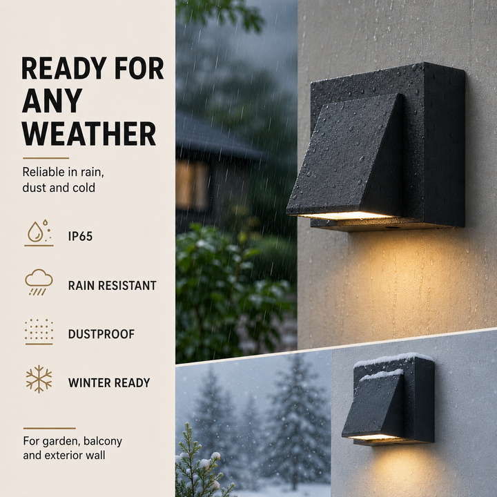 Éclairage mural LED moderne et IP65 étanche. Applique extérieure conçue pour une longue durée de vie sur façade ou jardin.