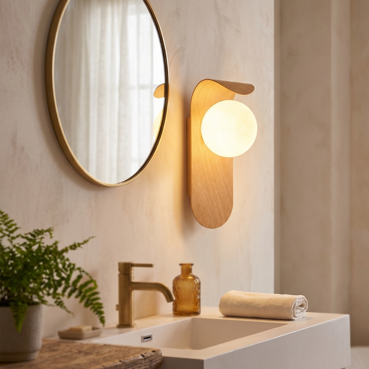 Luminaire design avec globe mat et support en bois, parfait pour la décoration intérieure chic.