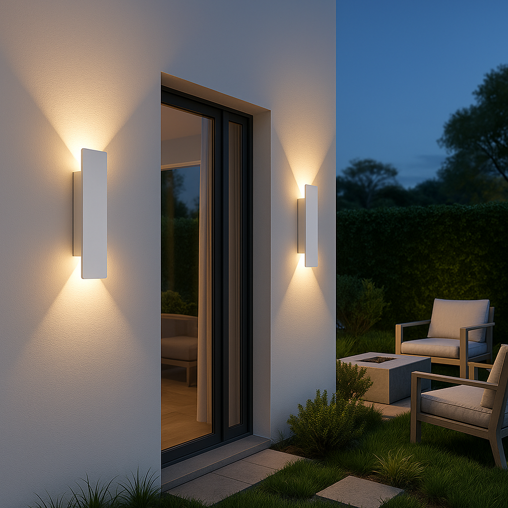 Applique murale LED extérieure moderne, étanche IP65, idéale pour l'éclairage de façade et jardin.