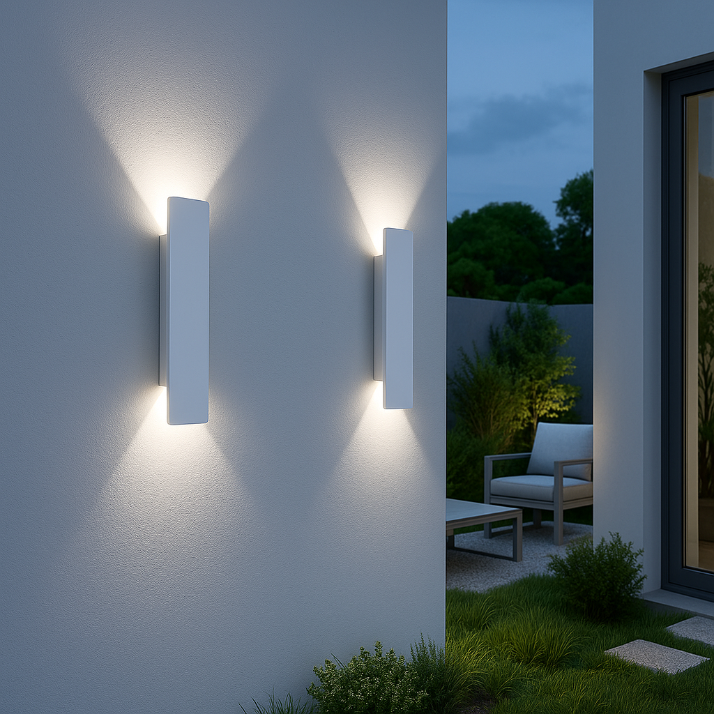 Lampe murale LED extérieure en aluminium, design moderne et épuré, pour un éclairage de façade élégant.