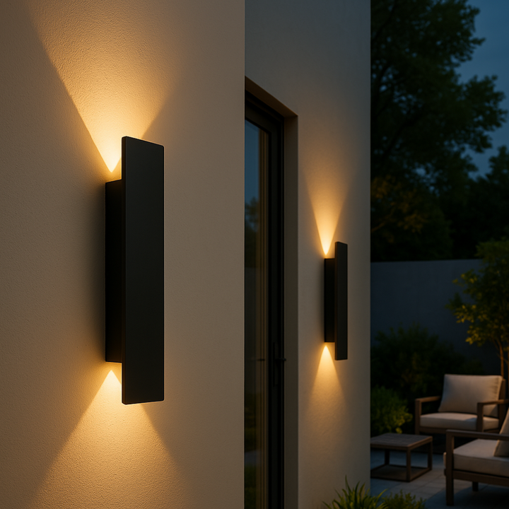 Applique murale LED basse consommation pour extérieur, étanche IP65, parfaite pour jardin et terrasse.