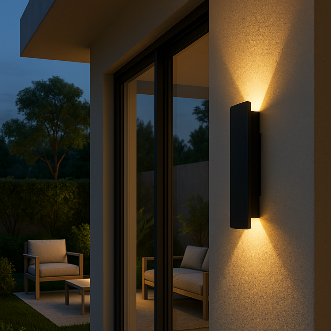 Applique murale LED extérieure design moderne, construction robuste en aluminium, résistante aux intempéries IP65.