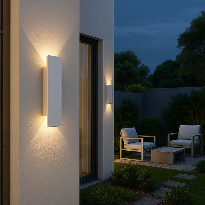 Éclairage LED mural extérieur, moderne, étanche IP65, basse consommation, idéal pour illuminer votre espace.