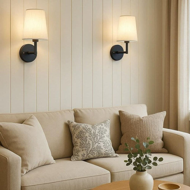 Paire d'appliques murales sans fil dimmables en tissu, éclairage intérieur moderne pour chambre, salon. Or et noir.