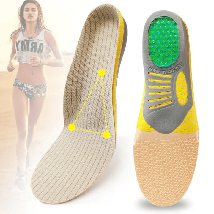 Soutien voûte plantaire des semelles orthopédiques en gel, idéales pour fasciite et pieds plats.