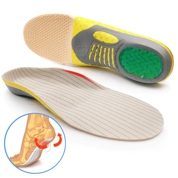 Détail des semelles en gel orthopédiques, texture antidérapante pour stabilité et confort quotidien.