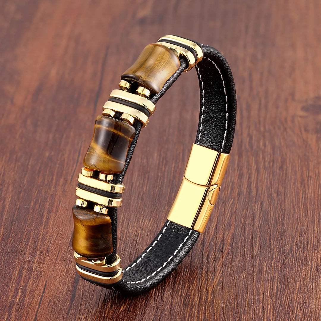 Bracelet en cuir et œil-de-tigre pour homme et femme. Pierre naturelle réputée pour ses vertus protectrices.