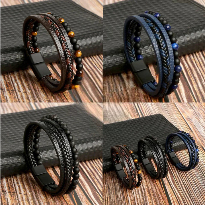 Bracelet homme en cuir noir. Accessoire de mode élégant et audacieux avec design multicouche. Cuir véritable.