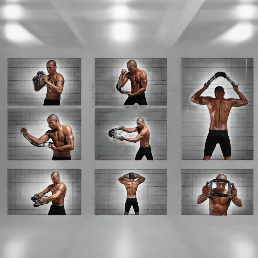 Outil de musculation compact pour cibler bras, épaules, poitrine et abdominaux, idéal fitness.