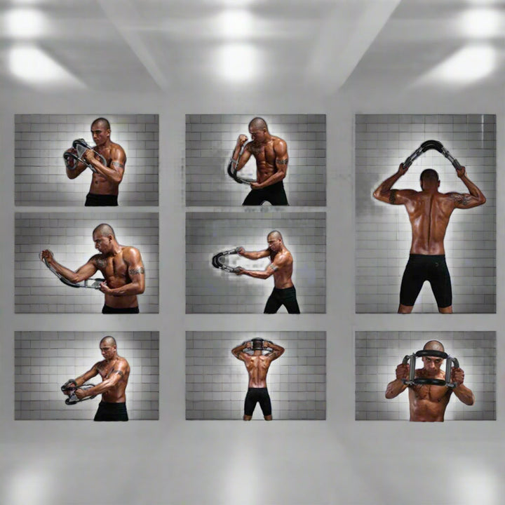 Outil de musculation compact pour cibler bras, épaules, poitrine et abdominaux, idéal fitness.