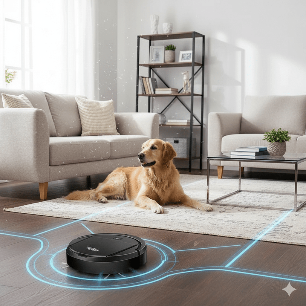 Aspirateur robot intelligent nettoyant un tapis épais. Sa filtration HEPA capture poussière et allergènes silencieusement.