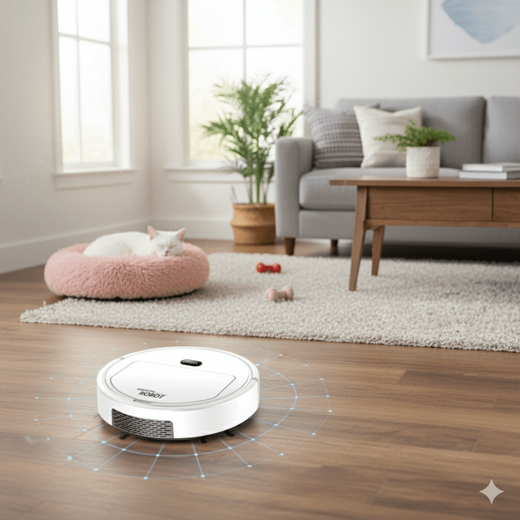 Vue de l'aspirateur robot ultra-silencieux sous un meuble, garantissant un nettoyage en profondeur des sols durs.